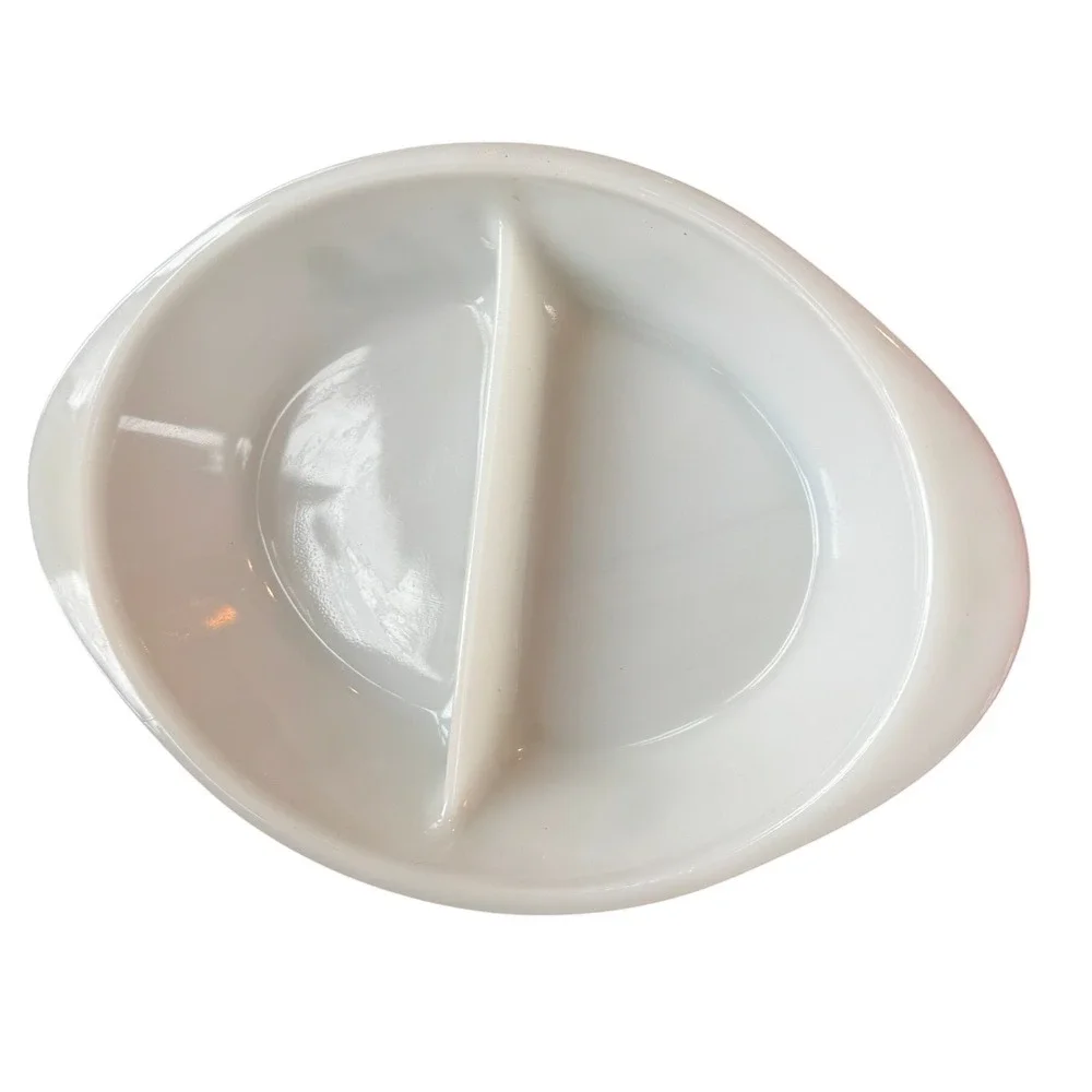 Glasbake Vintage White Milk Glass‎ Divided Serving Dish Green Floral Pattern